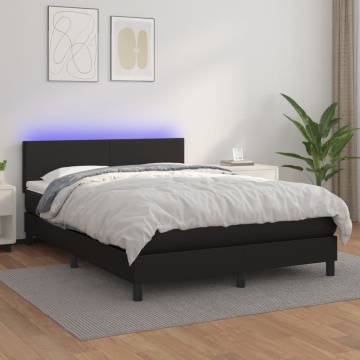 Pat cu arcuri, saltea și LED, negru, 140x200 cm, piele eco - Img 1