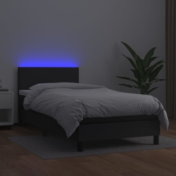 Pat cu arcuri, saltea și LED, negru, 90x190 cm, piele ecologică - Img 4
