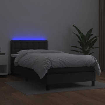 Pat cu arcuri, saltea și LED, negru, 90x200 cm, piele ecologică - Img 4