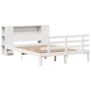 Pat cu bibliotecă fără saltea, alb, 140x190 cm, lemn masiv pin - Img 3
