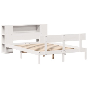 Pat cu bibliotecă fără saltea, alb, 140x190 cm, lemn masiv pin - Img 3