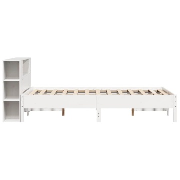 Pat cu bibliotecă fără saltea, alb, 140x190 cm, lemn masiv pin - Img 8