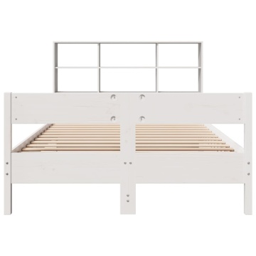 Pat cu bibliotecă fără saltea, alb, 140x190 cm, lemn masiv pin - Img 4