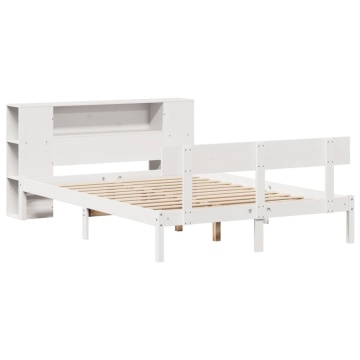 Pat cu bibliotecă fără saltea, alb, 160x200 cm, lemn masiv pin - Img 3