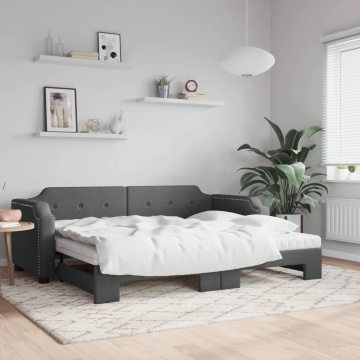 Pat de zi cu extensie și saltele, gri închis, 90x200 cm, textil - Img 1