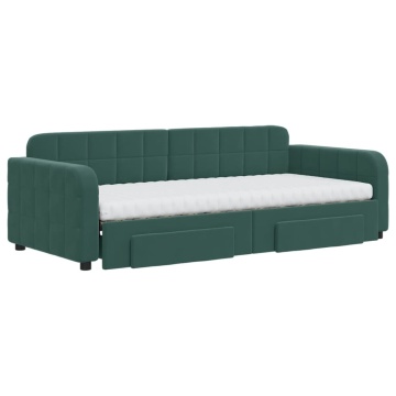 Pat de zi cu extensie și sertare verde închis 90x200 cm catifea - Img 3