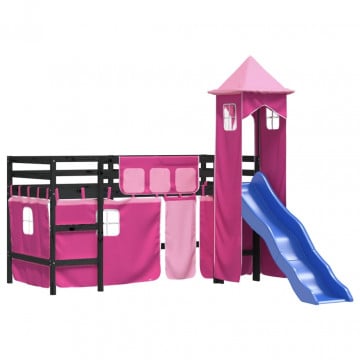 Pat etajat de copii cu turn, roz, 80x200 cm, lemn masiv pin - Img 4
