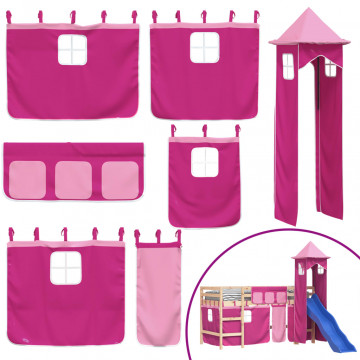 Pat etajat de copii cu turn, roz, 90x200 cm, lemn masiv pin - Img 7