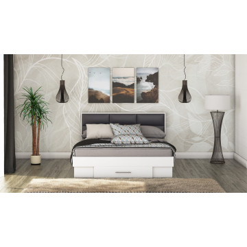 Pat solano alb cu noptiere si saltea, tablie tapitata negru, 140×200 cm - Img 2