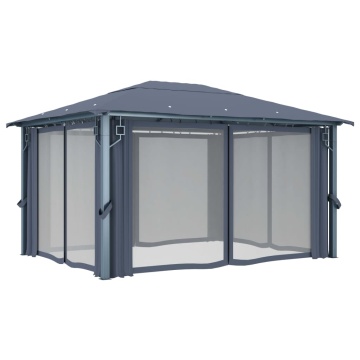 Pavilion cu perdele & șiruri lumini LED antracit 4x3m aluminiu - Img 8