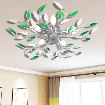 Plafoniera verde/albă, cu brațe frunze cristal acrilic, 5 becuri E14 - Img 1