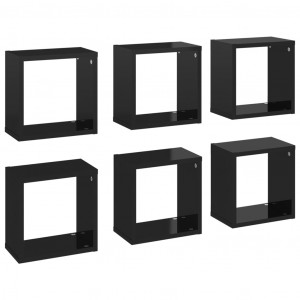 Rafturi de perete cub, 6 buc., negru extralucios, 26x15x26 cm - Img 2