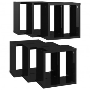 Rafturi de perete cub, 6 buc., negru extralucios, 26x15x26 cm - Img 8