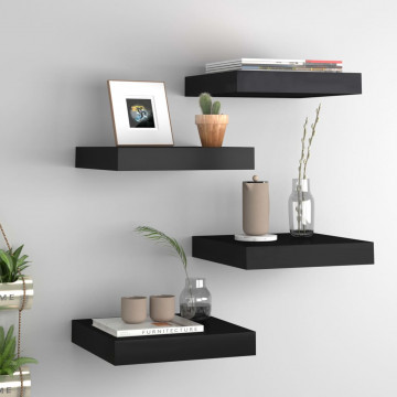 Rafturi de perete suspendate, 4 buc., negru, 23x23,5x3,8 cm MDF - Img 1
