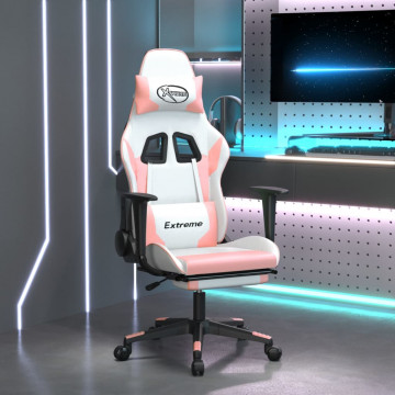 Scaun de gaming cu suport picioare, alb/roz, piele ecologică - Img 1
