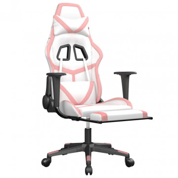 Scaun de gaming cu suport picioare, alb/roz, piele ecologică - Img 5