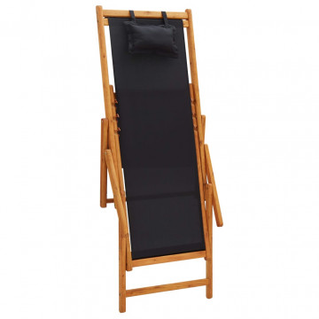 Scaun de plajă pliabil, negru, lemn masiv de eucalipt, textil - Img 4