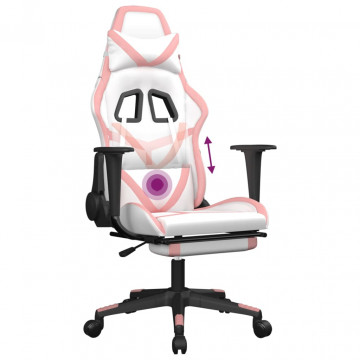 Scaun gaming de masaj/suport picioare, alb/roz, piele ecologică - Img 7
