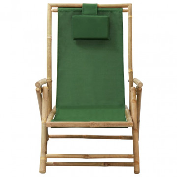 Scaun rabatabil de relaxare, verde, bambus & țesătură - Img 2