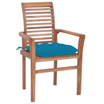 Scaune de masă, 4 buc, perne albastru deschis, lemn masiv tec - Img 2