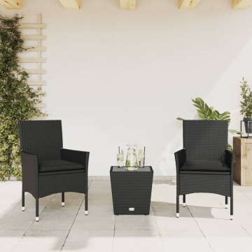 Set bistro cu perne, 3 piese, negru, poliratan și sticlă - Img 1