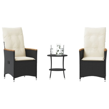 Set bistro cu perne, 3 piese, negru, poliratan - Img 1