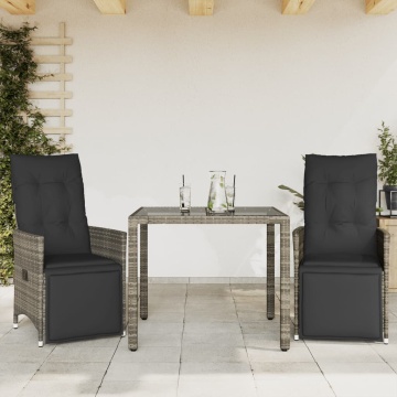Set bistro de grădină cu perne, 3 piese, gri, poliratan - Img 1