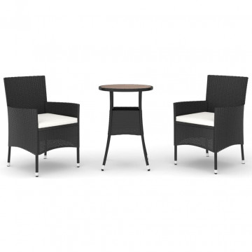 Set bistro de grădină cu perne, 3 piese, negru, poliratan - Img 2