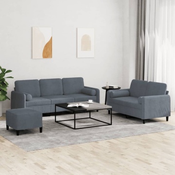Set canapea cu perne, 3 piese, gri închis, catifea - Img 1