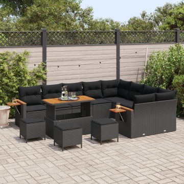 Set Canapea Grădină 13 Piese cu Perne Negru Rattan Poliratan Acacia, Set Dining Grădină 4 Piese cu Perne Negru Rattan Poliratan Acacia - Img 3