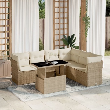 Set canapele de grădină, 7 piese, cu perne, bej, poliratan - Img 1