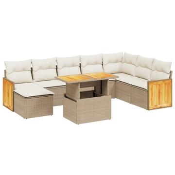 Set canapele de grădină, 9 piese, cu perne, bej, poliratan - Img 2