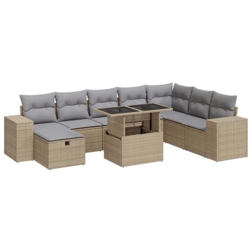 Set canapele de grădină, 9 piese, cu perne, bej, poliratan - Img 2