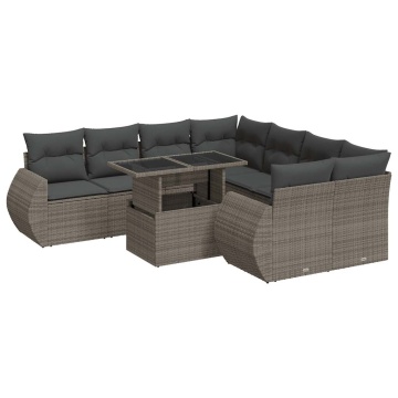 Set canapele de grădină, 9 piese, cu perne, gri, poliratan - Img 2