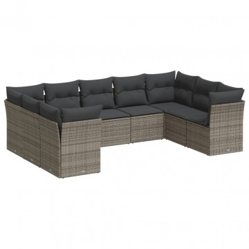 Set canapele de grădină, 9 piese, cu perne, gri, poliratan - Img 2