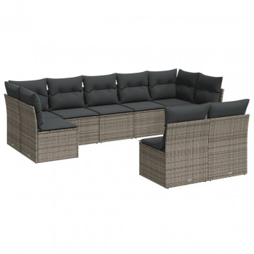 Set canapele de grădină, 9 piese, cu perne, gri, poliratan - Img 2
