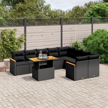 Set canapele de grădină cu perne, 10 piese, negru, poliratan - Img 1