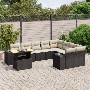 Set canapele de grădină cu perne, 10 piese, negru, poliratan - Img 1