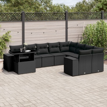 Set canapele de grădină cu perne, 10 piese, negru, poliratan - Img 1