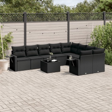 Set canapele de grădină cu perne, 10 piese, negru, poliratan - Img 1