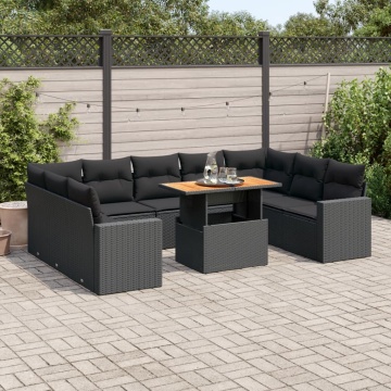 Set canapele de grădină cu perne, 10 piese, negru, poliratan - Img 1