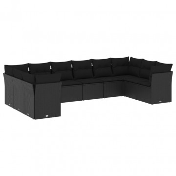Set canapele de grădină cu perne, 10 piese, negru, poliratan - Img 2