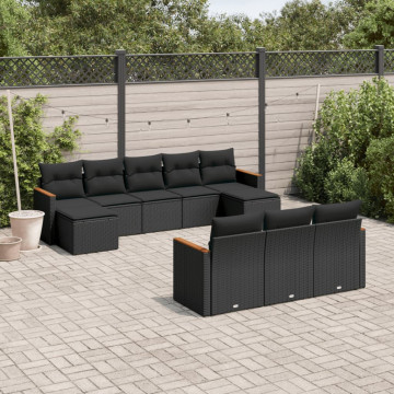 Set canapele de grădină cu perne, 10 piese, negru, poliratan - Img 1