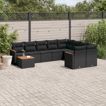 Set canapele de grădină cu perne, 10 piese, negru, poliratan - Img 1