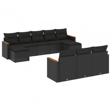Set canapele de grădină cu perne, 10 piese, negru, poliratan - Img 2