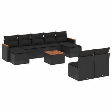 Set canapele de grădină cu perne, 10 piese, negru, poliratan - Img 2