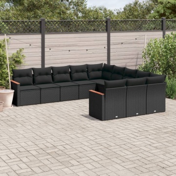 Set canapele de grădină cu perne, 11 piese, negru, poliratan - Img 1