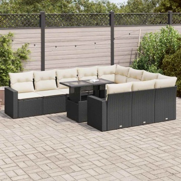 Set canapele de grădină cu perne, 11 piese, negru, poliratan - Img 1