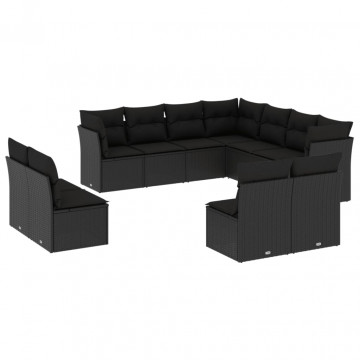 Set canapele de grădină cu perne, 11 piese, negru, poliratan - Img 2