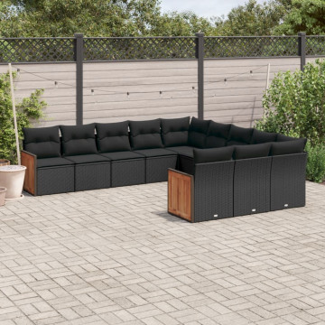 Set canapele de grădină cu perne, 11 piese, negru, poliratan - Img 1